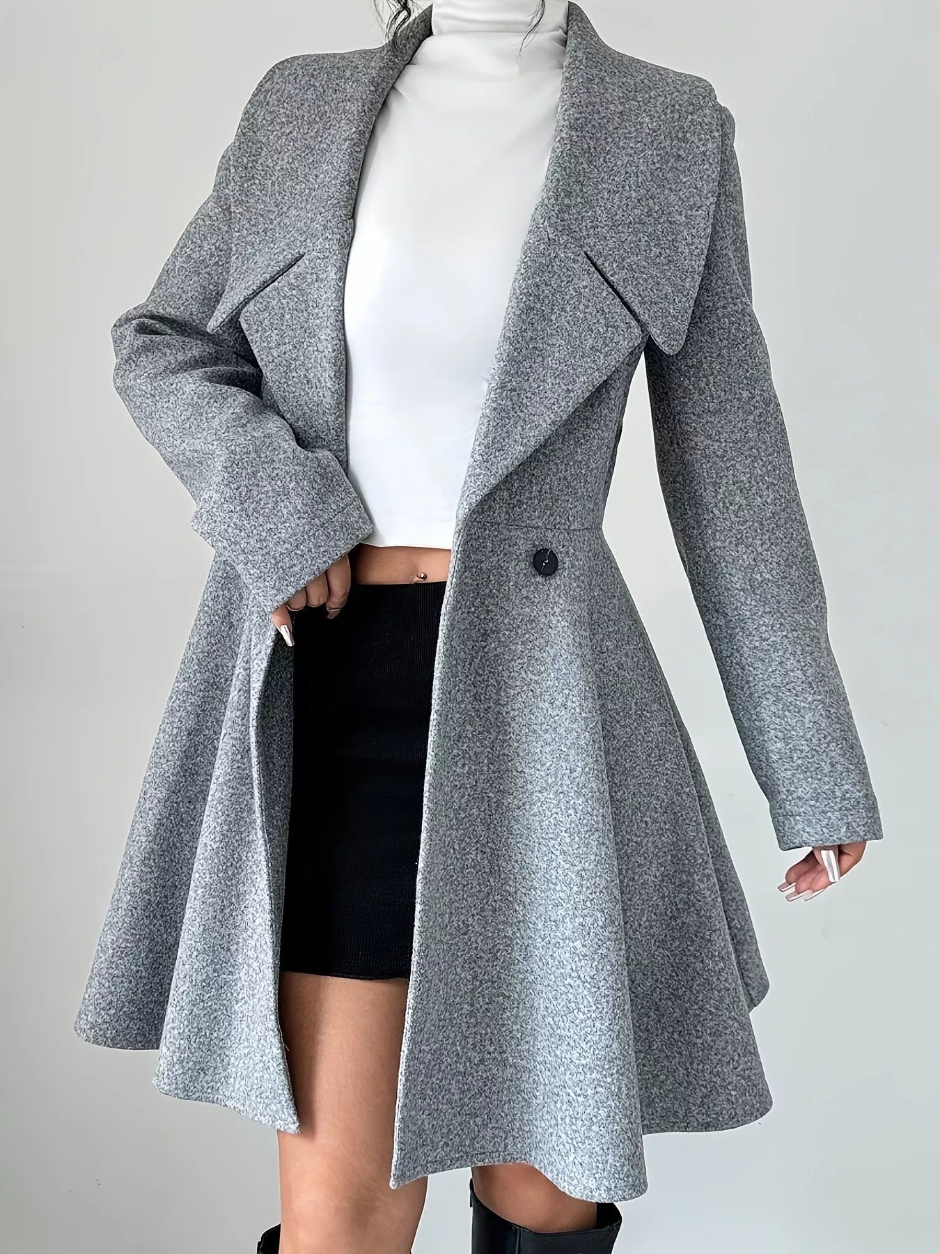 Double-Breasted Fit & Flare Wool Blend Coat Gray / S Double-Breasted Fit & Flare Wool Blend Coat Gray / S