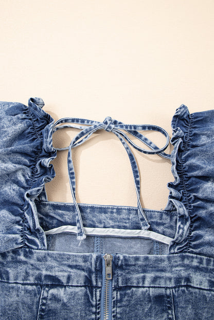 Blue Frilly Square Neck Bustier Puff Sleeve Short Denim Dress