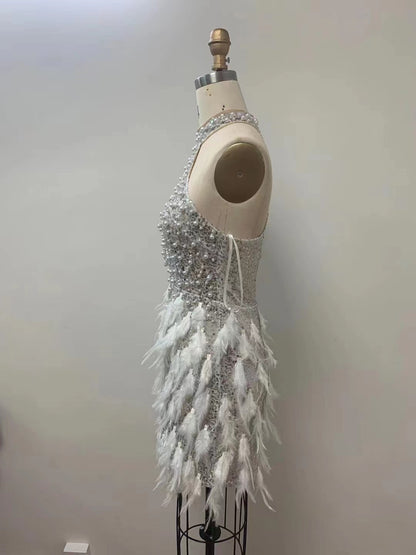 Sequined Feather Skirt Hollow-out Halter Dress