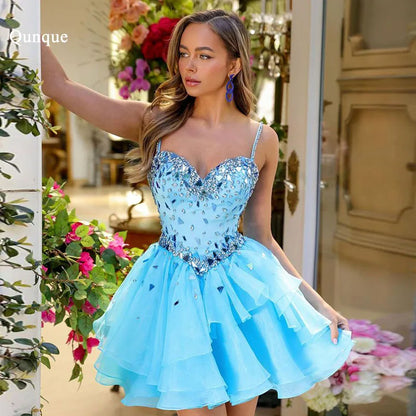 Qunque Customized Crystals Cocktail Dresses Short Evening Dresses For Women Sexy Spaghetti Straps Mini Tulle Formal Party Gowns