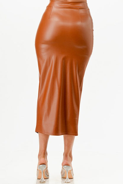 Long PU leather pencil skirt with open slit