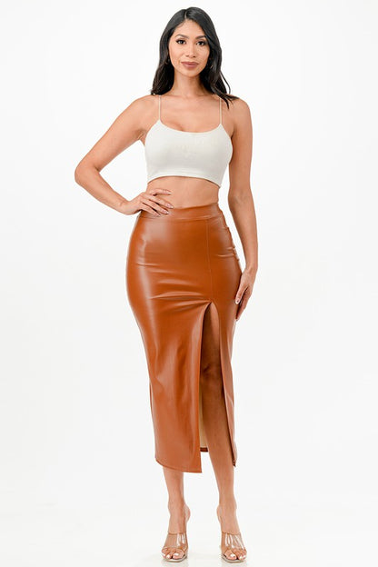 Long PU leather pencil skirt with open slit