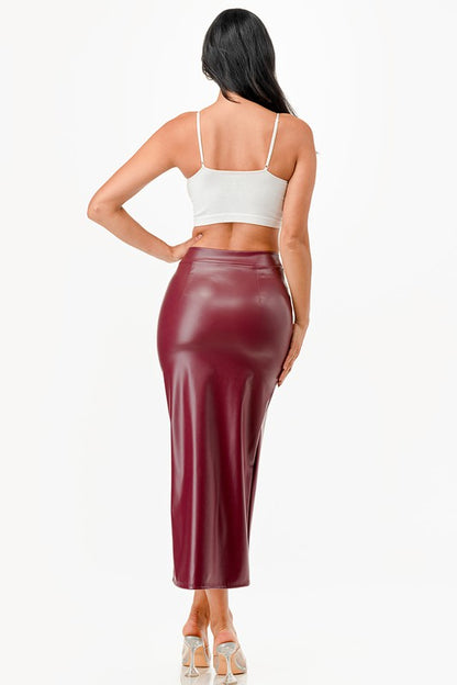 Long PU leather pencil skirt with open slit