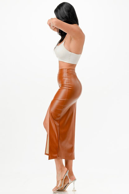 Long PU leather pencil skirt with open slit