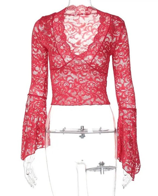 V Neck Floral Lace Tops Bell Long Sleeve