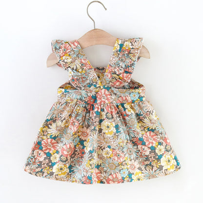 2 Pcs Summer New Baby Girl Dress Fashionable Floral Fly Sleeve Cotton Dress with Crossbody Bag Suitable for Babies Aged 0-3