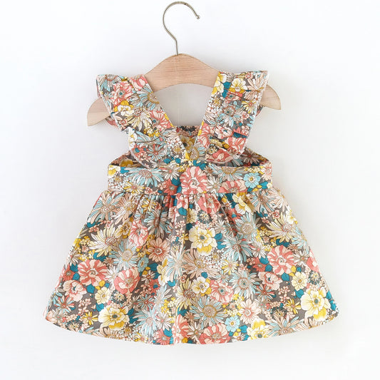 2 Pcs Summer New Baby Girl Dress Fashionable Floral Fly Sleeve Cotton Dress with Crossbody Bag Suitable for Babies Aged 0-3