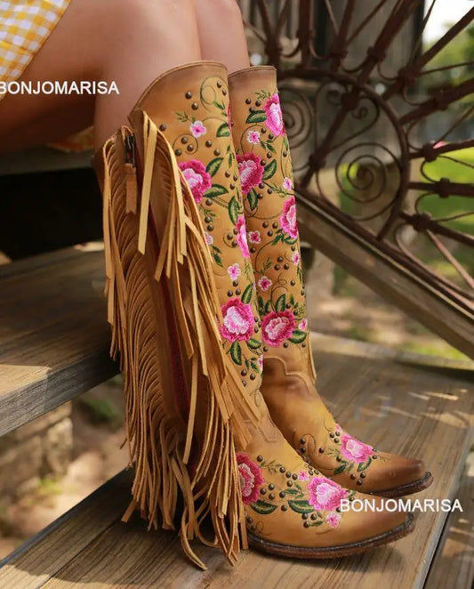 Cowboy Boots For Women Fringe Embroidery Flower Sweet Western Boots Cowgirls Roman Block High Heeled Shoes Autumn
