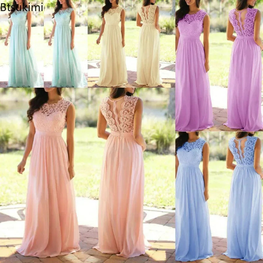 2025 Women Elegant Lace Patchwork Long Dress Female Solid Wedding Bridesmaid Party Maxi Dress Robe Femme Vestidos Dresses S-5XL