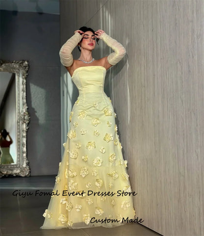 Giyu Luxury 3D Flowers Yellow Dubai Arabic Women Evening Dresses Mermaid Strapless Long Sleeves Floor length Prom Gowns Party