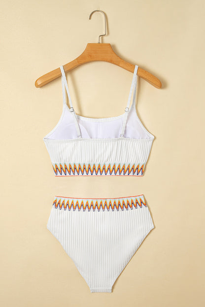 White Textured Contrast Banding Bikini High Waist 2pcs Swimsuit