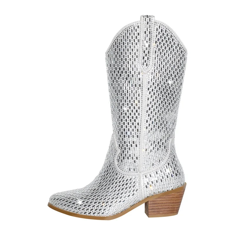 Glam Gal Diamond Rhinestone Western Cowgirl Boots with sparkling silver rhinestone detailing and a stylish heel.