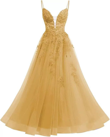 Women's Spaghetti Strap Tulle Long Applique Lace Dress With Long Dress