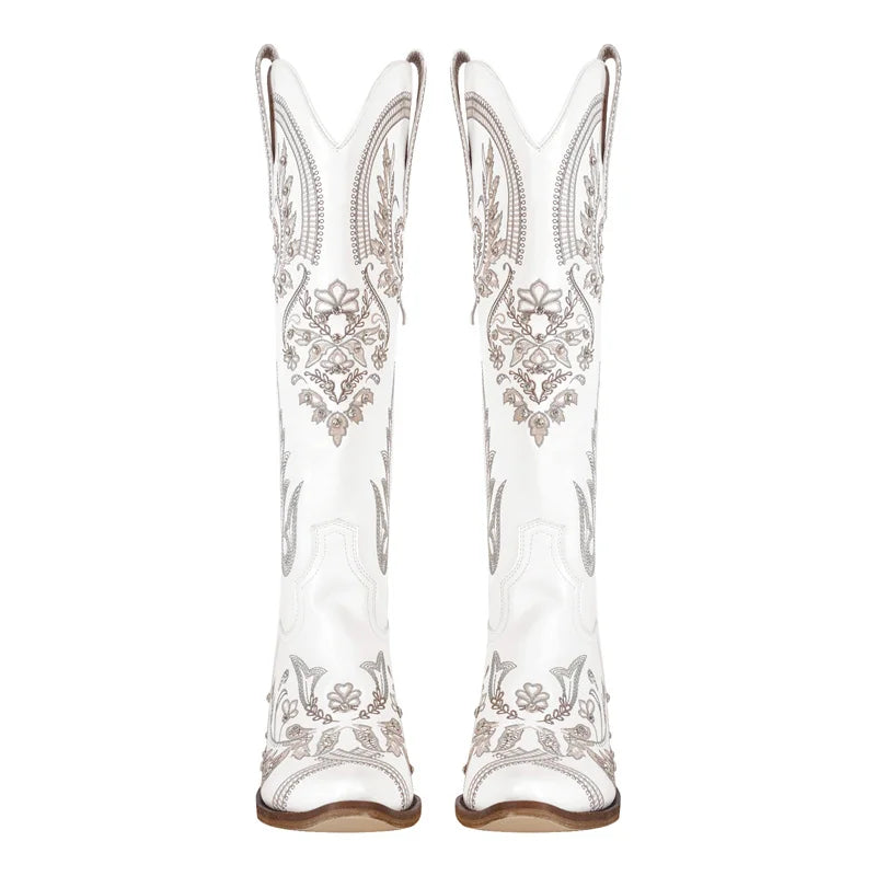 Onlymaker Women Embroidered White Western Cowboy Boots Block Heel Pull-On  Pointed Toe Crystal Cowgirl Booties