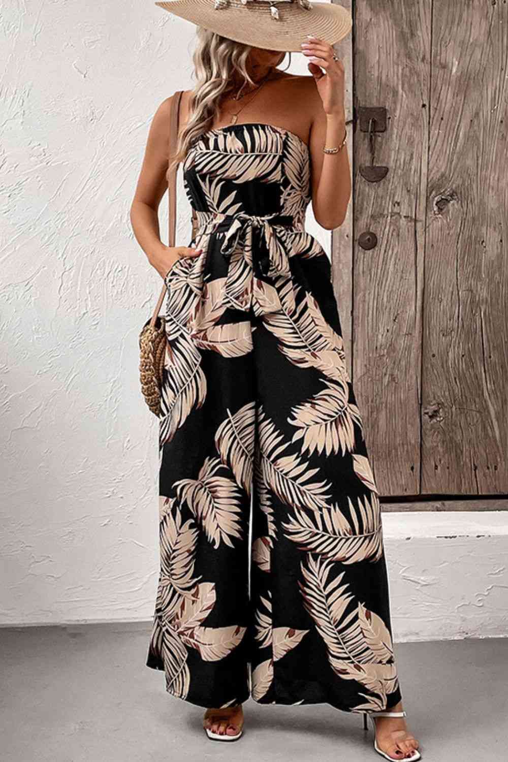  Printed Strapless Wide Leg Jumpsuit with Pockets