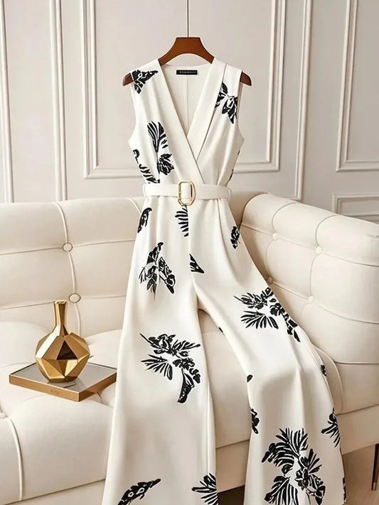 Frence Women Elegance Jumpsuit Summer V-neck White Flower Aesthetic Sleeveless Slim Wide Leg Romper with Belt Office Lady Casual