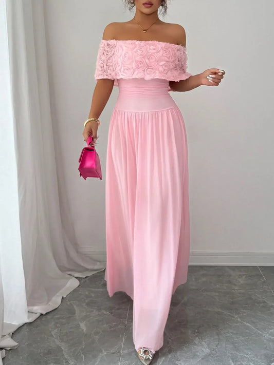 Pretty As A Rose off-shoulder maxi dress with rose embellishments in pink, perfect for special occasions.