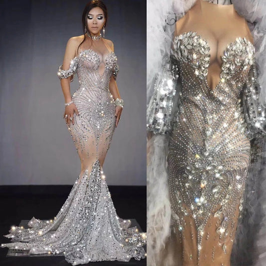 Sleeveless Long Fringed Bright Diamond Dress