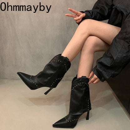 Vintage Rivet Women Western Cowgirl Boots Fashion Slip On Shoes Autumn Winter High Heel Women's Knight Short Booties