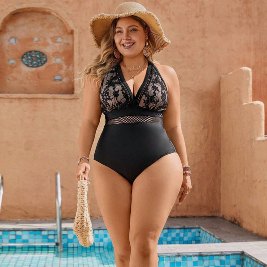 Black Lace Pattern One Piece Swimsuit Plus Size Swim, Fashion
