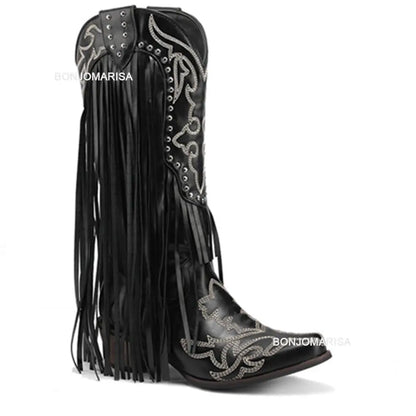 Cowboy Boots For Women Fringe Embroidery Flower Sweet Western Boots Cowgirls Roman Block High Heeled Shoes Autumn