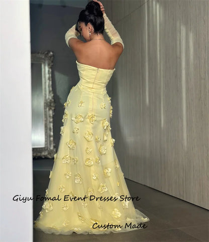 Giyu Luxury 3D Flowers Yellow Dubai Arabic Women Evening Dresses Mermaid Strapless Long Sleeves Floor length Prom Gowns Party