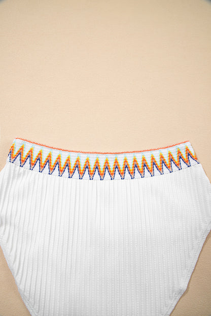 White Textured Contrast Banding Bikini High Waist 2pcs Swimsuit