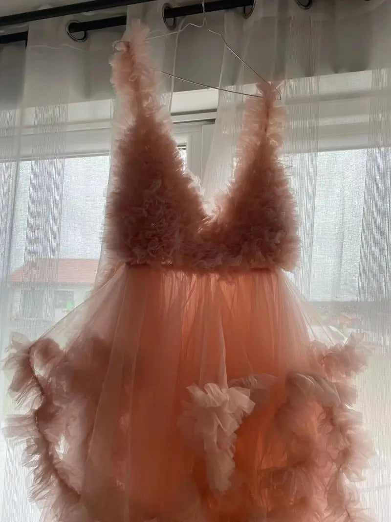 Sexy Pink Maternity Women's Prom Dresses Elegant Pregnant V Neck Ruffles Ball Gown Evening Party Dress Premama Photo Shoot Robes