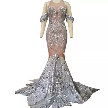 Sleeveless Long Fringed Bright Diamond Dress