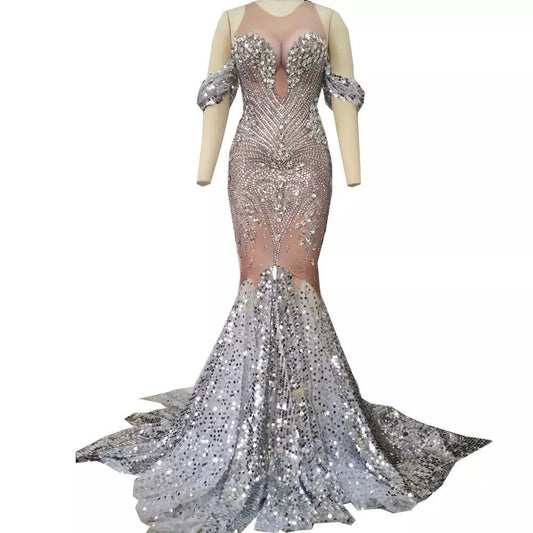 Sleeveless Long Fringed Bright Diamond Dress