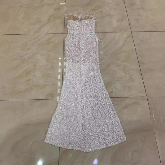 Women's Fashion Feather Split Long Dress