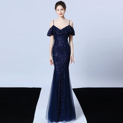Customized Women's Glitter Evening Party Dress  Sexy V-Neck Ruffle Formal Cocktail Gowns Sphagetti S trap Wedding Dress
