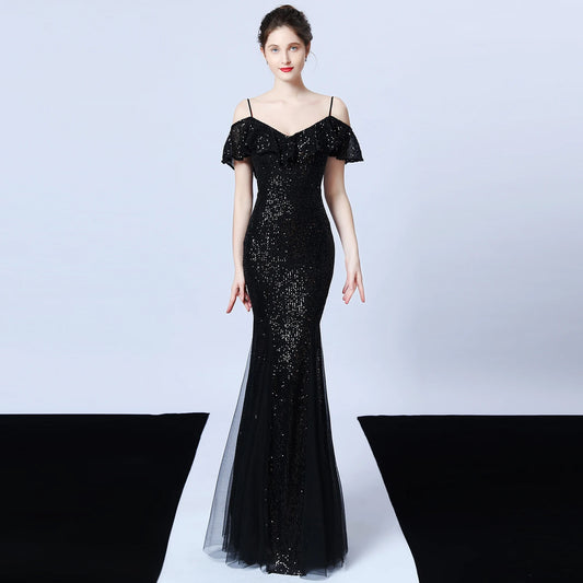Customized Women's Glitter Evening Party Dress  Sexy V-Neck Ruffle Formal Cocktail Gowns Sphagetti S trap Wedding Dress