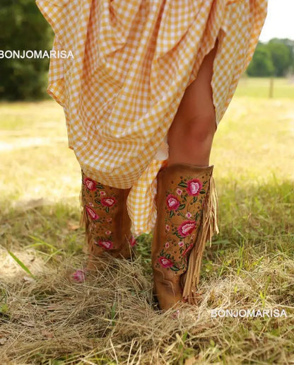Cowboy Boots For Women Fringe Embroidery Flower Sweet Western Boots Cowgirls Roman Block High Heeled Shoes Autumn