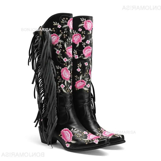 Cowboy Boots For Women Fringe Embroidery Flower Sweet Western Boots Cowgirls Roman Block High Heeled Shoes Autumn