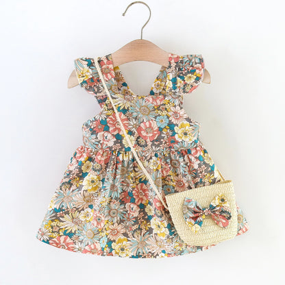 2 Pcs Summer New Baby Girl Dress Fashionable Floral Fly Sleeve Cotton Dress with Crossbody Bag Suitable for Babies Aged 0-3