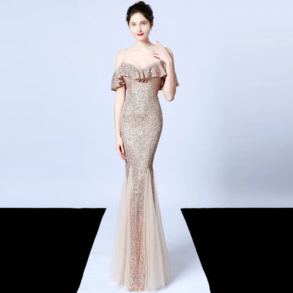 Customized Women's Glitter Evening Party Dress  Sexy V-Neck Ruffle Formal Cocktail Gowns Sphagetti S trap Wedding Dress