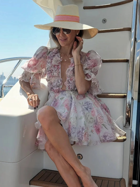 2025 Women Trendy Printed Party Dresses Elegant Flare Sleeve  V Neck Pleated High Waist Vestidos Fashion Lady Chic Evening Gowns