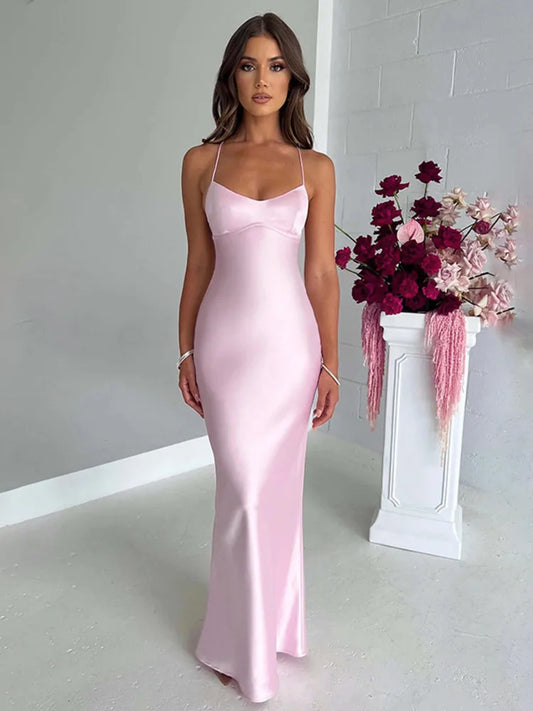 Articat Sexy Spaghetti Strap Bodycon Satin Dress With Open Back Lace Up Female Long Dress Elegant Party Club Evening Dress 2024