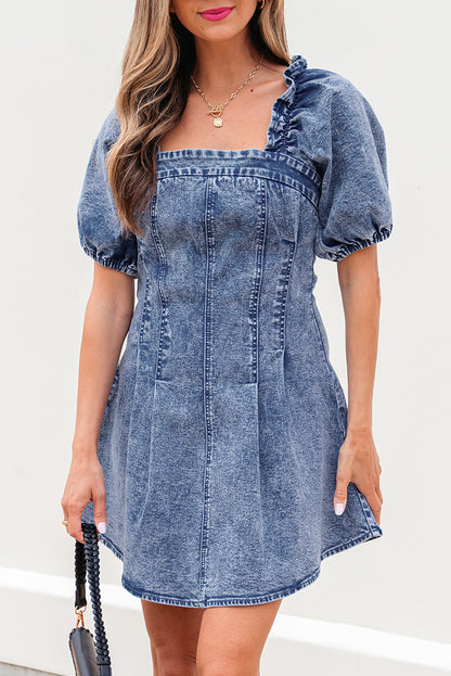 Blue Frilly Square Neck Bustier Puff Sleeve Short Denim Dress