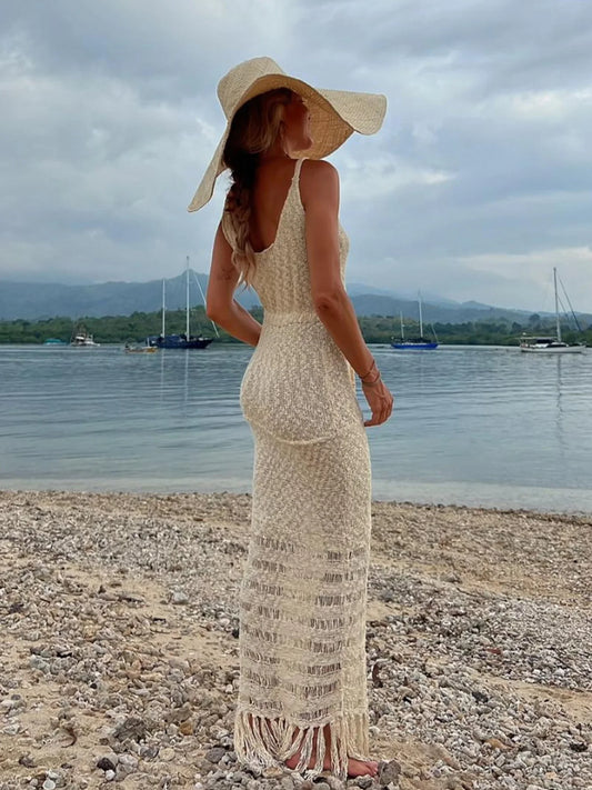 Sexy Swimsuit Bikini Cover-ups Knit Cut Out V-Neck Sleeveless Tassel Women Beach Maxi Dress 2024 Summer Vacation Dresses A2877
