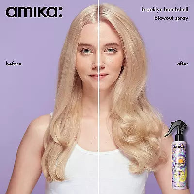 Before and after comparison of hair using amika Brooklyn Bombshell Blowout Spray on a purple background.