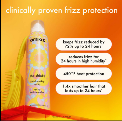 Amika hair product with features on an orange background