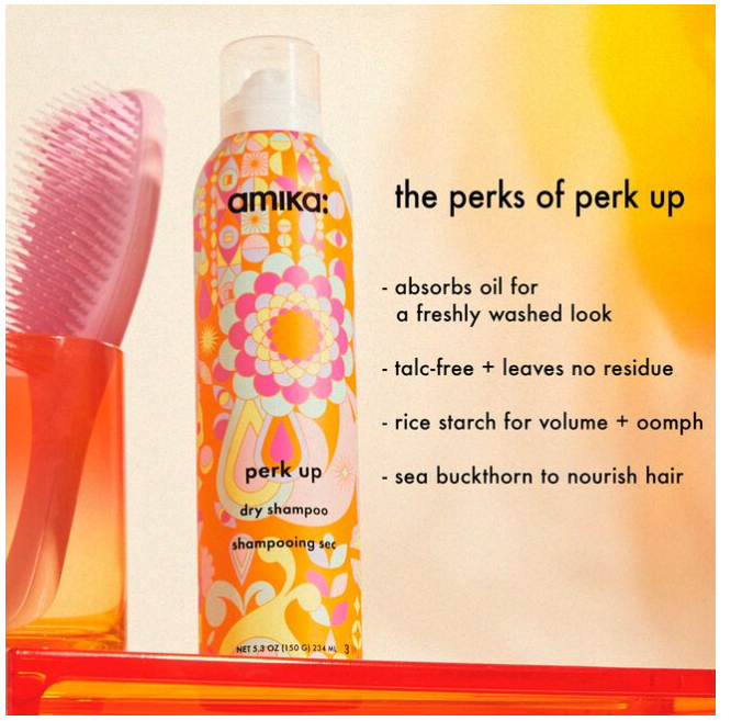 Amika Perk Up Dry Shampoo Professional Hair Care the perks of perk up absorbs oil talc free leaves no residue rice starch for volume sea buckthorn to nourish hair