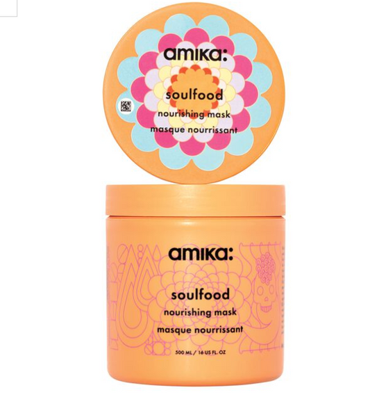 Product packaging of Amika Soulfood Nourishing Mask, with a colorful design featuring orange as the dominant color and brand logo displayed prominently.