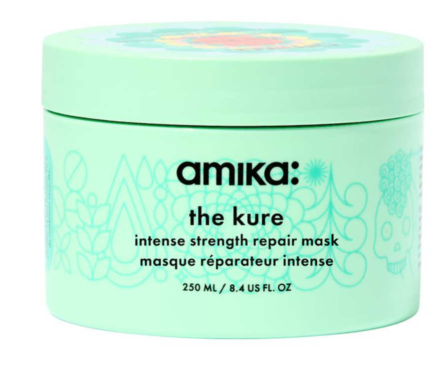 Amika The Kure Intense Strength Repair Mask 8.4 oz in a green jar for restoring dry, damaged hair.