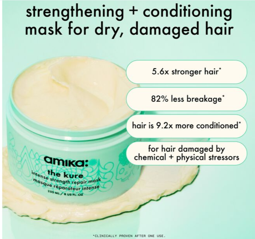 Amika The Kure Intense Strength Repair Mask 8.4 oz in a teal jar for strengthening and conditioning dry hair.