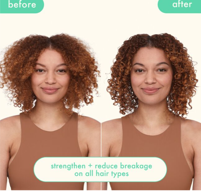 Before and after results showing Amika The Kure Intense Strength Repair Mask 8.4 oz effectiveness on curly hair.