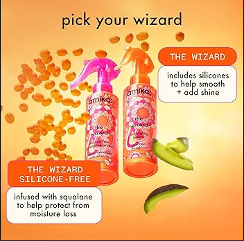 Two bottles of 'The Wizard' hair product on an orange background with text about silicone content.