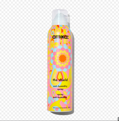 Amika hair spray bottle with colorful design on a transparent background